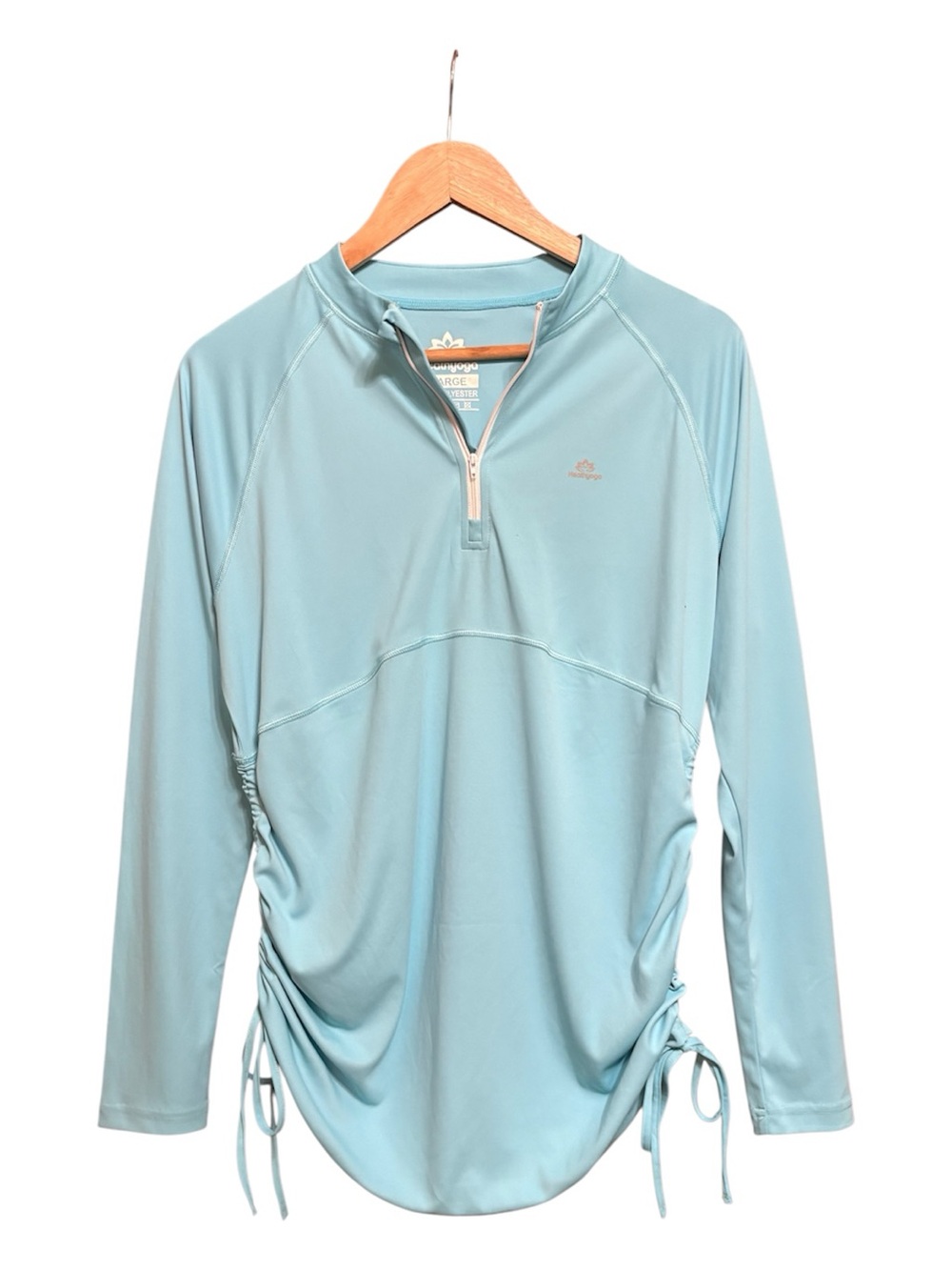 Heathyoga Baby Blue Long Sleeve Half-Zip Yoga Top with Ruched Tie Sides L